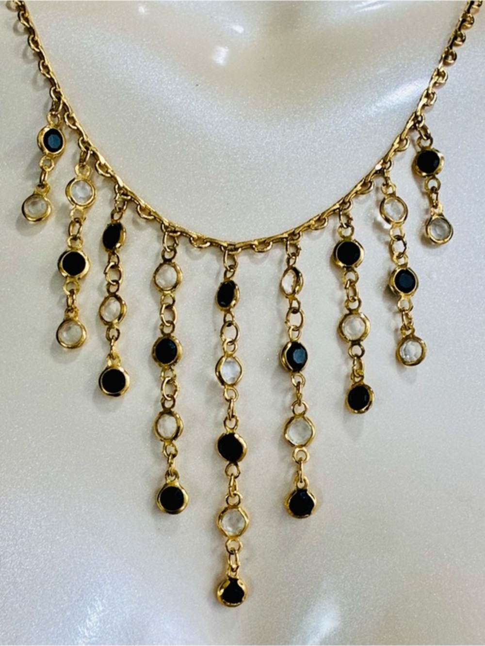 Worthington Delicate Gold-Tone Fringe Necklace with Black and Clear Bezel Drops